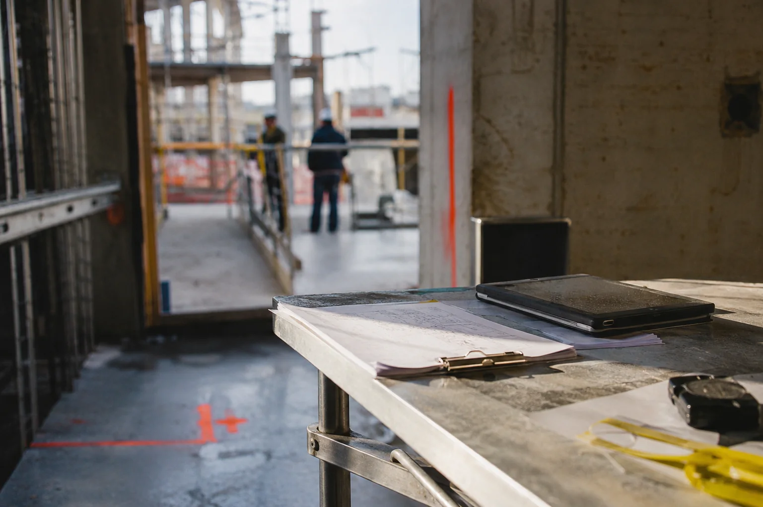 Zona técnica de prácticas preparada con estructura metálica y equipos para una formación.
