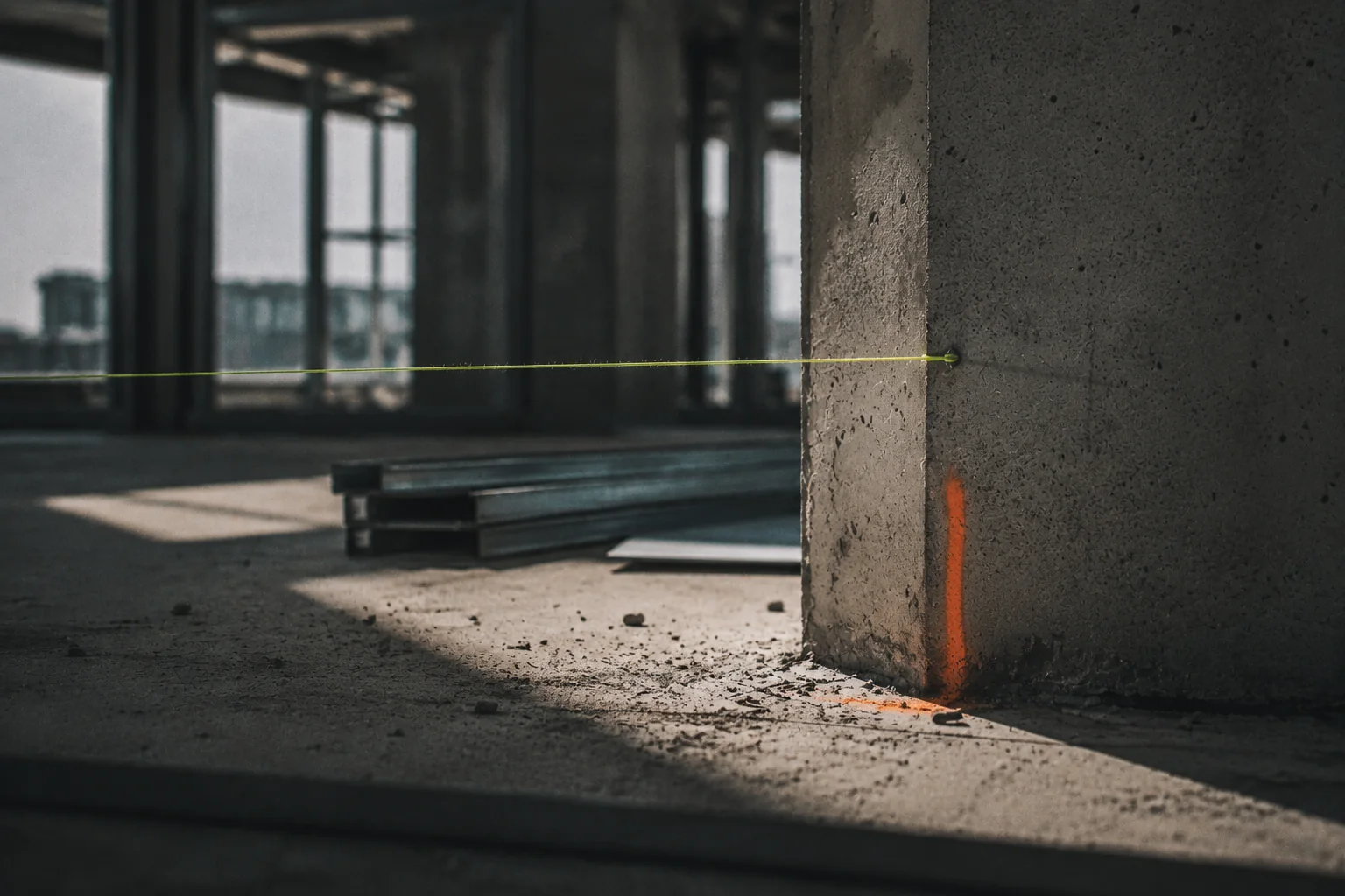 Interior de obra con hormigón, estructura metálica y líneas de replanteo amarilla y naranja.