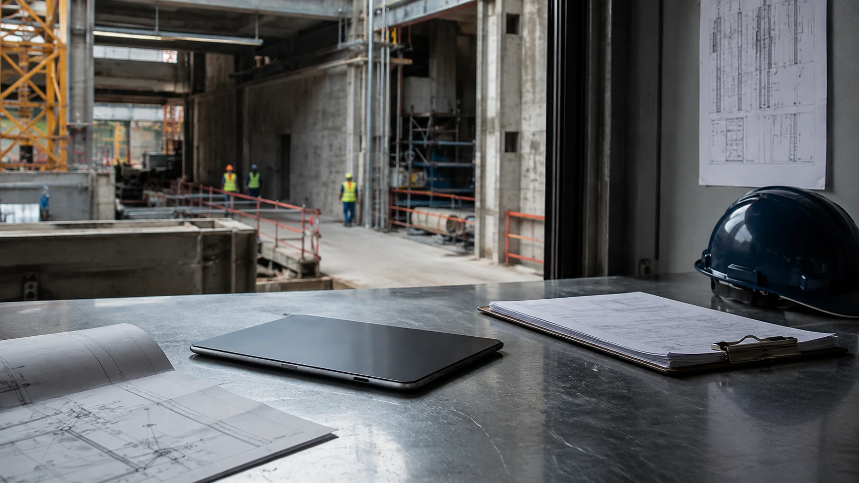 Planos, ordenador y casco sobre una mesa junto a una obra en ejecución.
