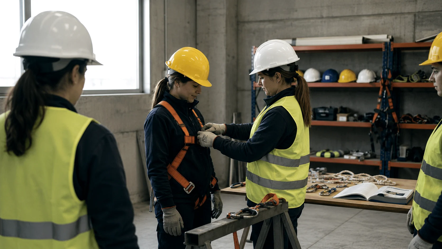 Dos profesionales ajustando un arnés durante una formación práctica de PRL.